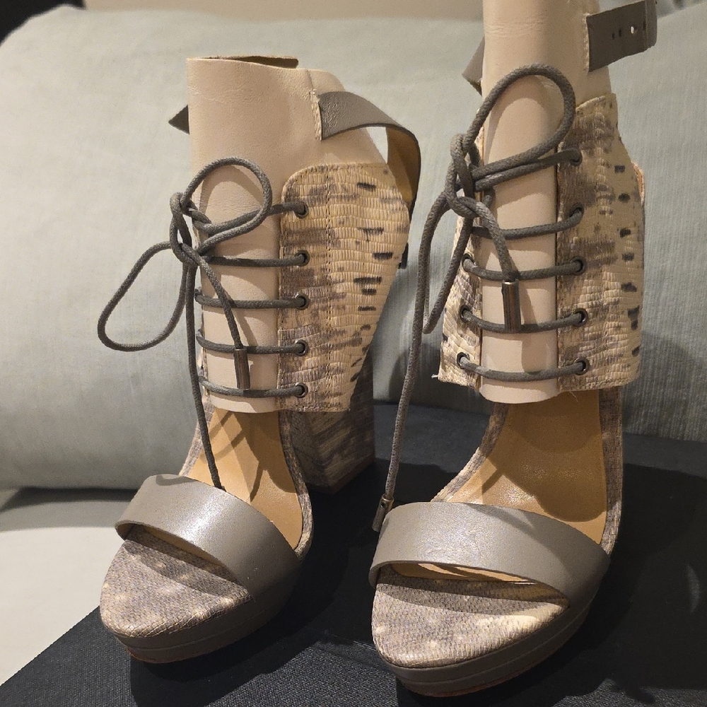 BCBGMaxAzria Beige and Taupe Lace-Up Heels